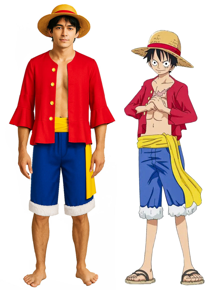 Adult anime pirate captain costume with red jacket, blue shorts, and straw hat on male model