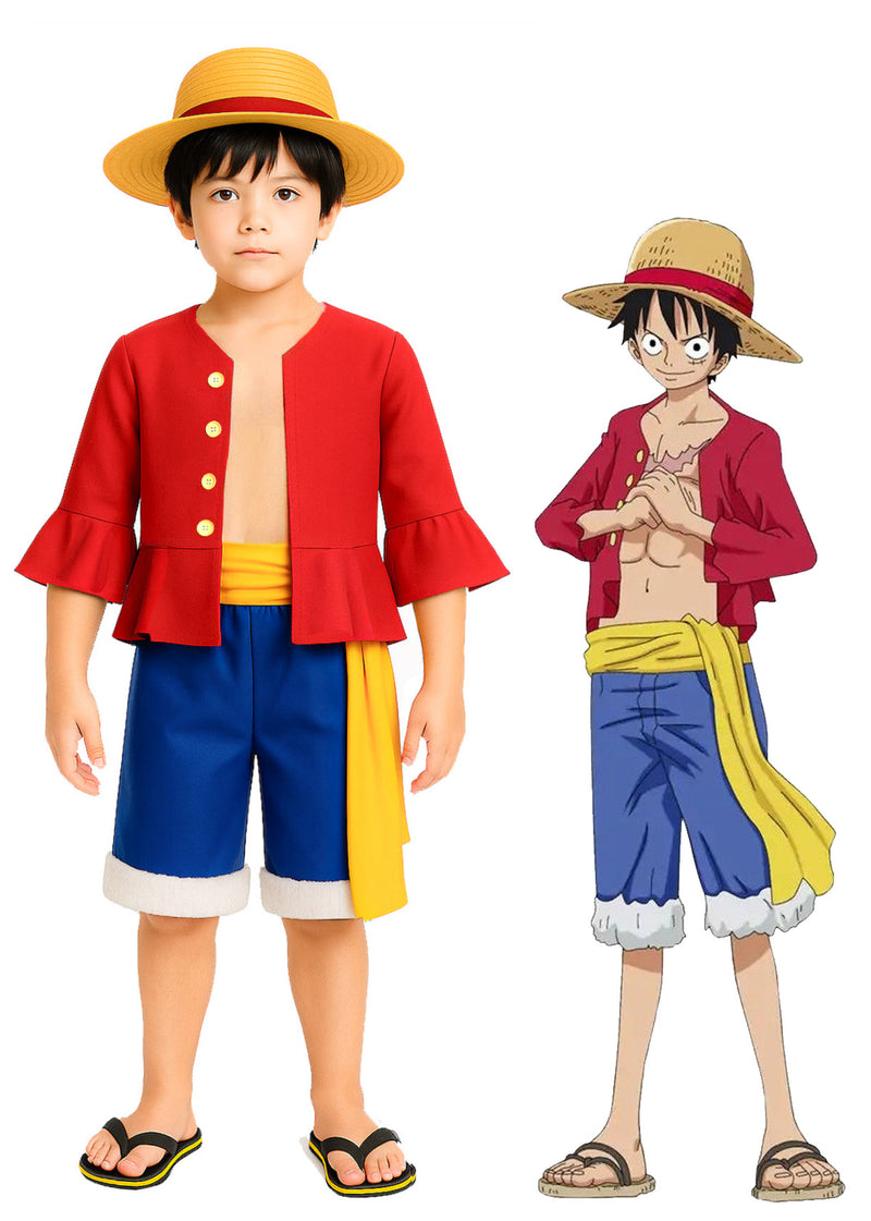 Child wearing red peplum jacket, blue shorts, and straw boater hat anime pirate costume