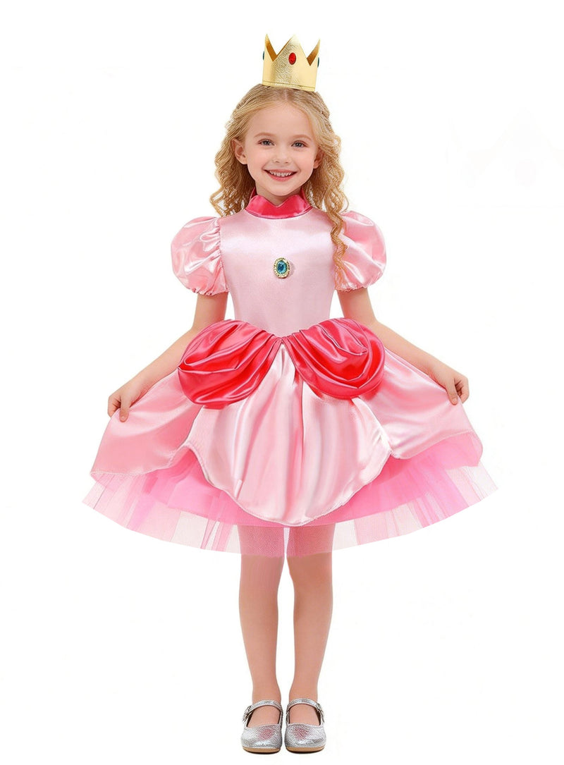 Kids pink princess costume dress with coral puff sleeves and jewelled brooch