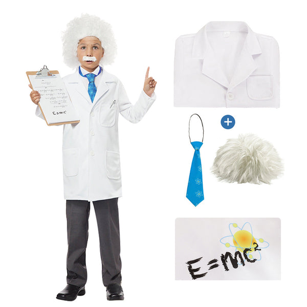 Kids scientist costume with white lab coat showing E=MC² print, blue atom tie, and wild grey Famous Scientist wig on white background