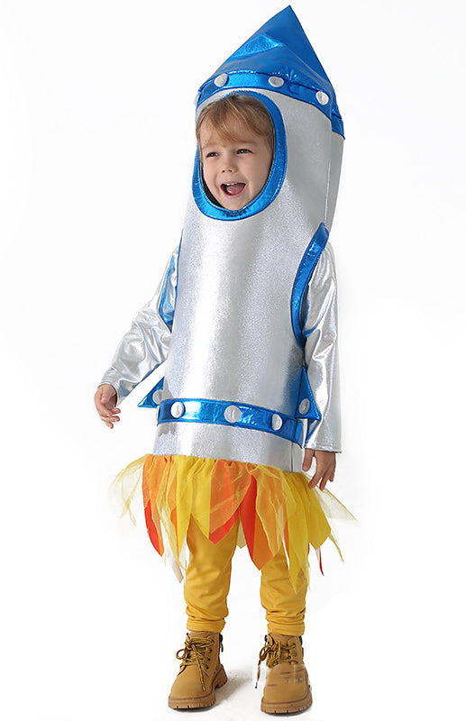 Child wearing silver space rocket costume with blue trim and flame details at base
