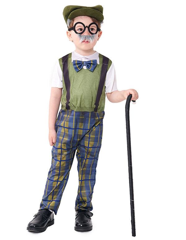 Child wearing printed grandpa jumpsuit with vest and plaid trousers, green cap, beard and glasses for 100 Days of School