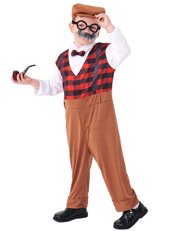 Kids old man costume with printed plaid vest jumpsuit and newsboy cap