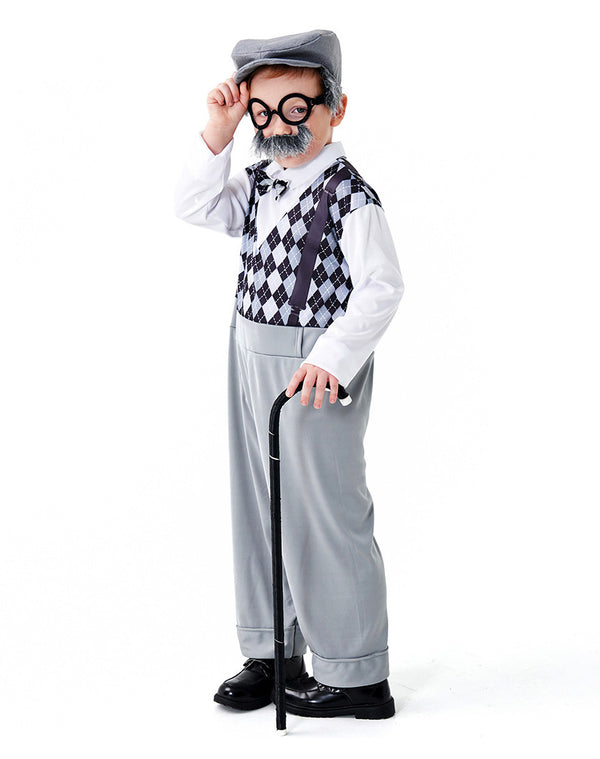 Child wearing grey grandfather costume with argyle vest, flat cap, and beard for 100 Days of School
