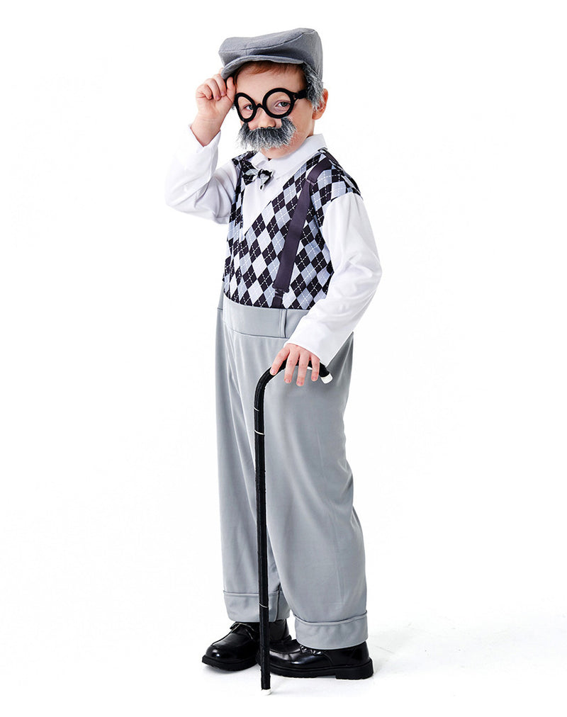 Child wearing grey grandfather costume with argyle vest, flat cap, and beard for 100 Days of School