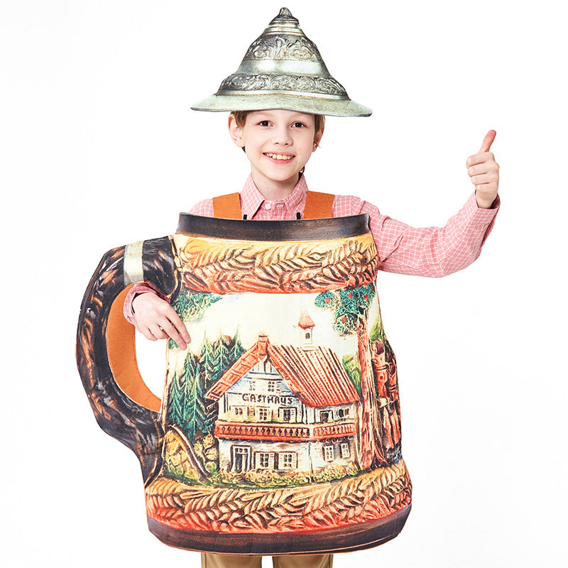 Child wearing beer stein costume with Bavarian village print and metallic lid hat