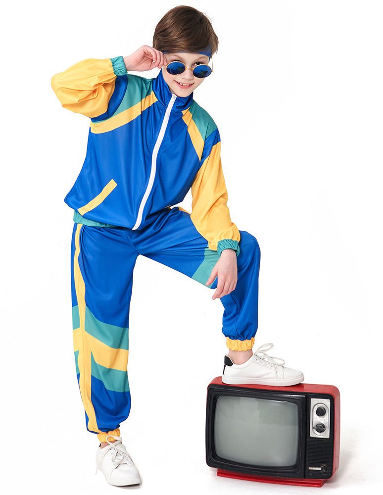 Kids 80s shell suit costume in royal blue with yellow and teal color blocking, front view
