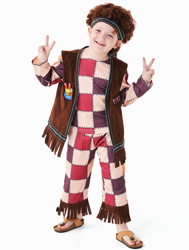 Kids hippie costume with brown fringe vest, rainbow patchwork shirt and pants, curly wig and sunglasses