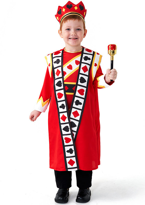 Boy wearing red King of Hearts costume with tunic, cape and crown showing playing card suit symbols