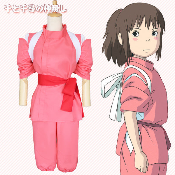 Child wearing coral pink anime bathhouse worker costume with puffed sleeves and red sash outdoors