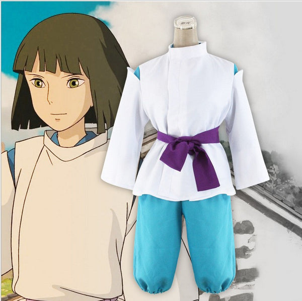 Kids Japanese river spirit costume with white tunic, turquoise pants, and purple obi belt for Book Week