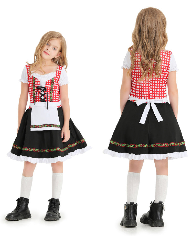 Kids Bavarian dirndl costume with red gingham bodice and black skirt