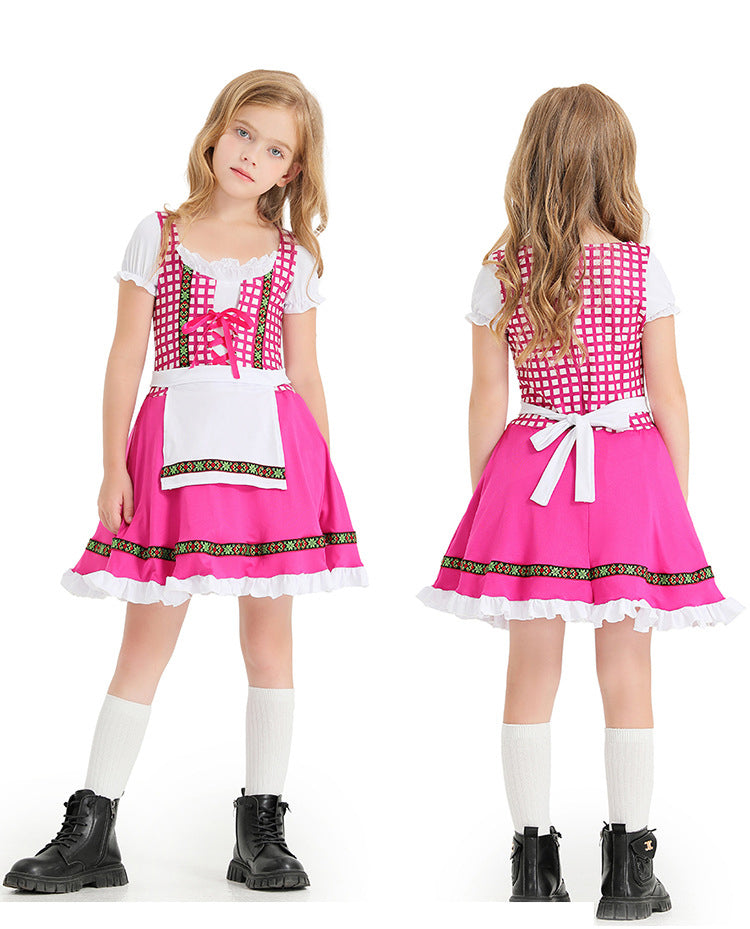 Girls pink Bavarian dirndl costume with gingham bodice and white apron front view