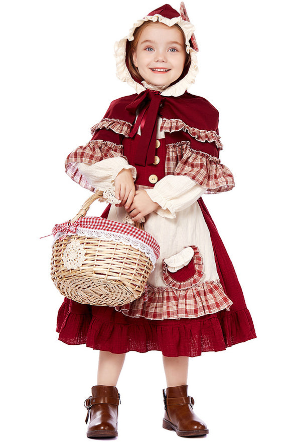 Girl wearing burgundy Little Red Riding Hood costume with hooded cape and bonnet
