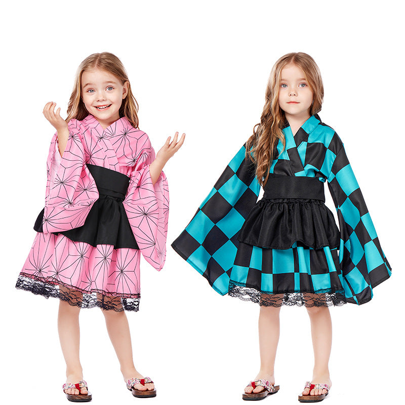 Kids pink geometric print kimono costume with black belt and layered skirt front view
