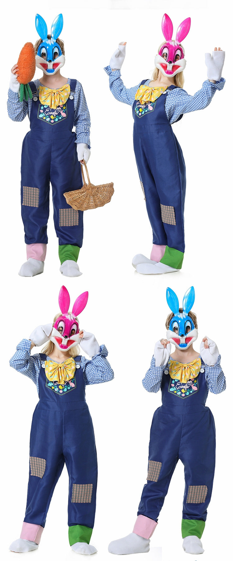 Kids Easter Bunny costume with navy overalls, gingham shirt, and rabbit mask with white tail