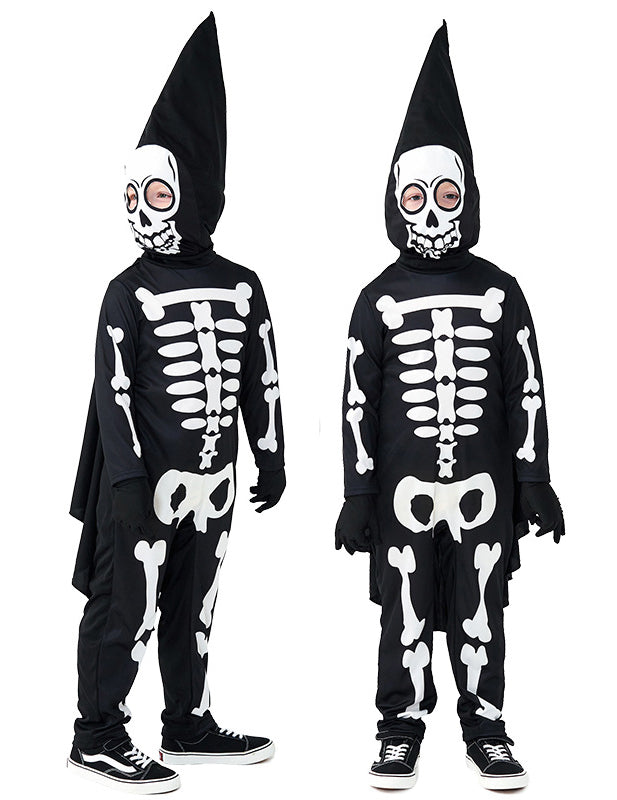 Child wearing black skeleton jumpsuit with white bone print, bat-wing cape, and pointed hood with friendly skull mask