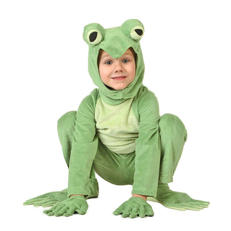 Kids green frog costume with bulging eyes hood and webbed feet, front view
