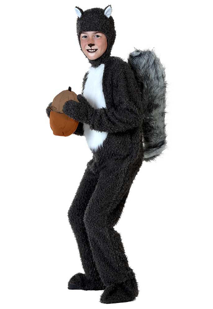 Kids black squirrel costume full body onesie with grey bushy tail and white belly panel