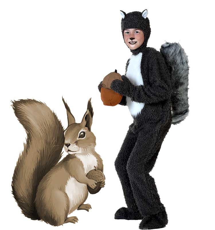 Child wearing full black squirrel onesie costume with bushy gray tail and hood with ears