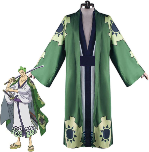 Adult green anime swordsman kimono costume with sun motifs and navy belt