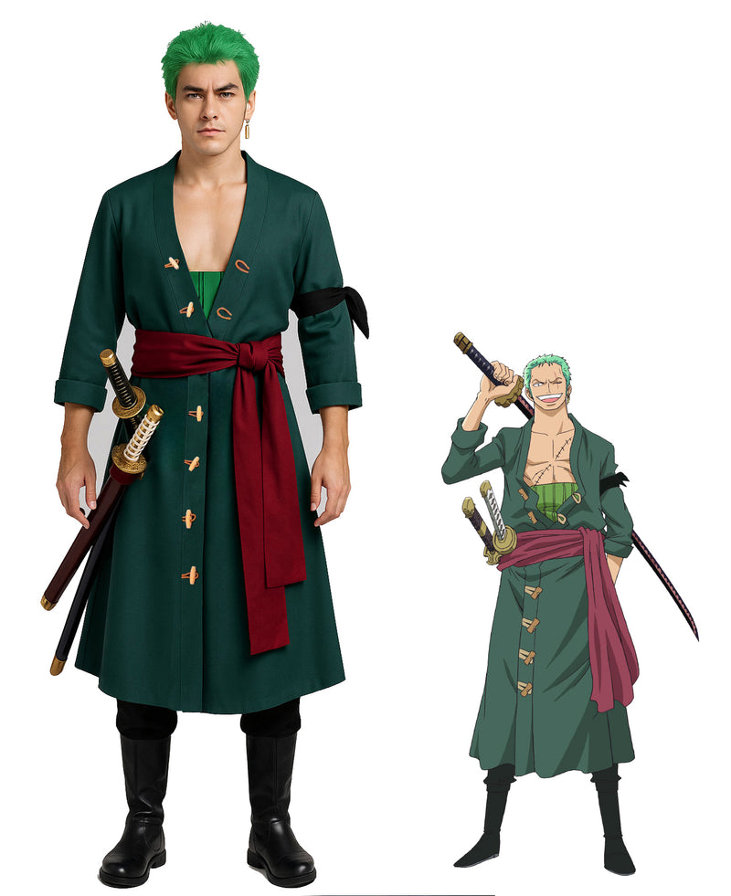 Adult wearing teal kimono coat with burgundy sash and black pants anime swordsman costume