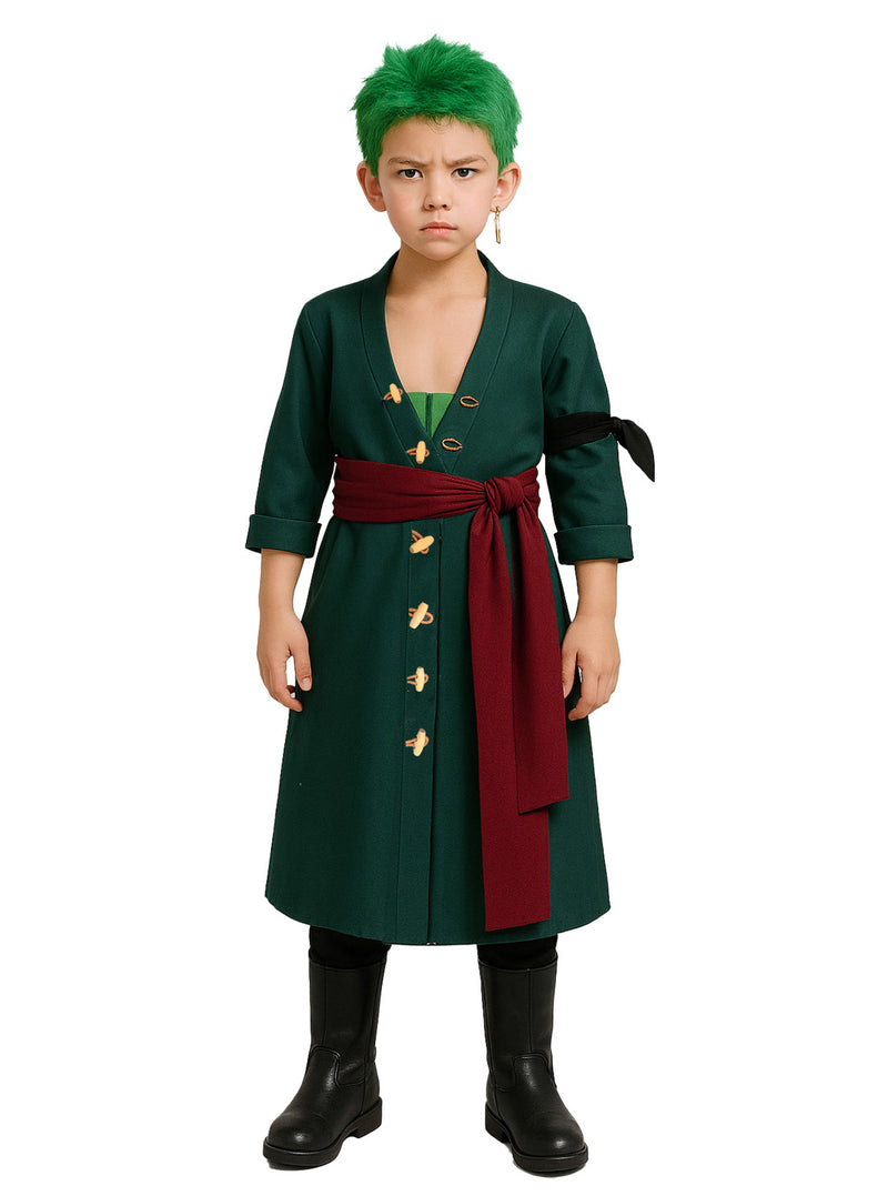 Child wearing green anime swordsman costume with burgundy sash and gold toggles