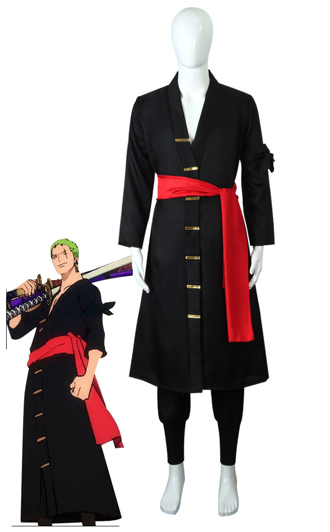 Adult anime swordsman costume with black kimono coat and red sash on model