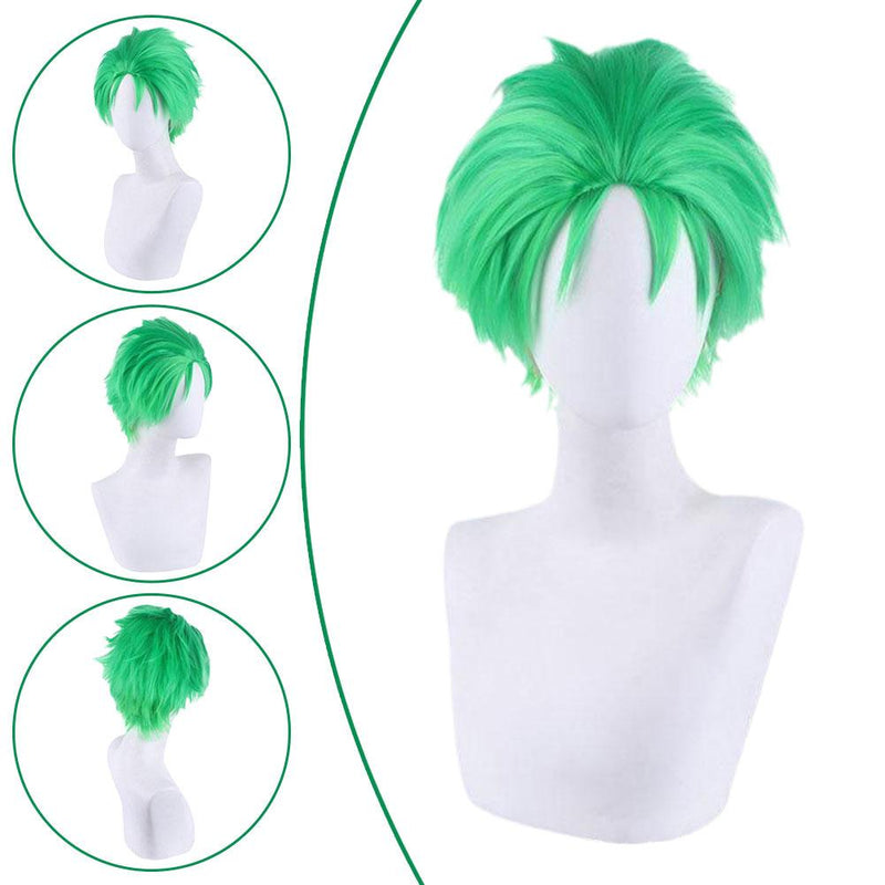 Bright green anime swordsman wig with short spiky layers and side-swept fringe on white background