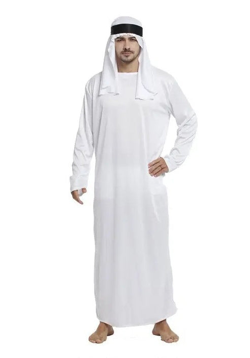 Men's white Arabian sheikh costume with full-length robe and black headband
