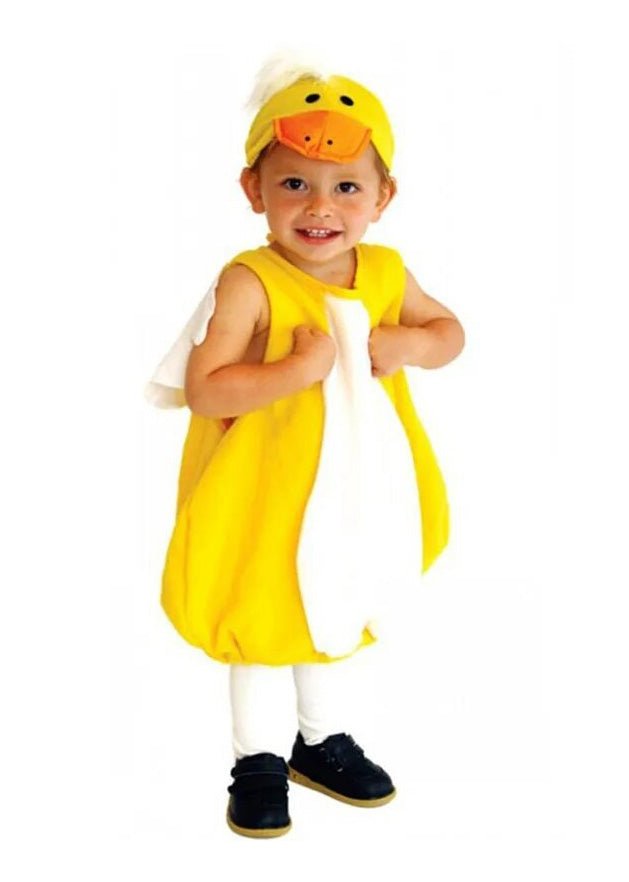 Toddler wearing yellow plush duck costume with white belly panel and duck bill cap