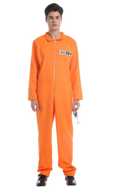Adult wearing bright orange prison jumpsuit costume with white prisoner number patch on chest