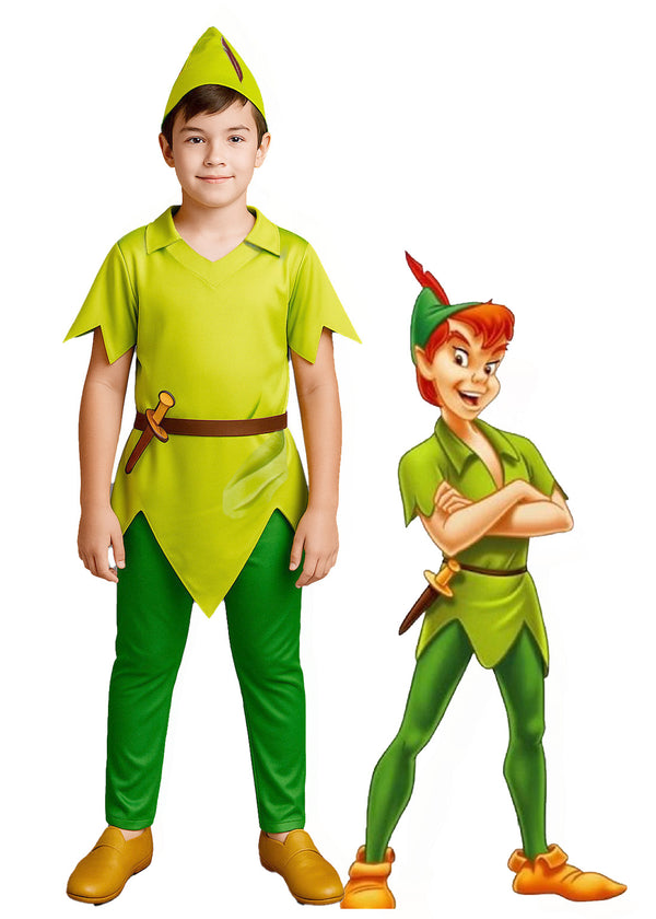 Child wearing green woodland elf costume with pointed hat and red feather