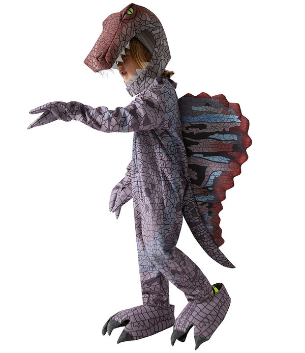 Child wearing grey-purple Spinosaurus dinosaur costume with colorful spine sail and sculptural head