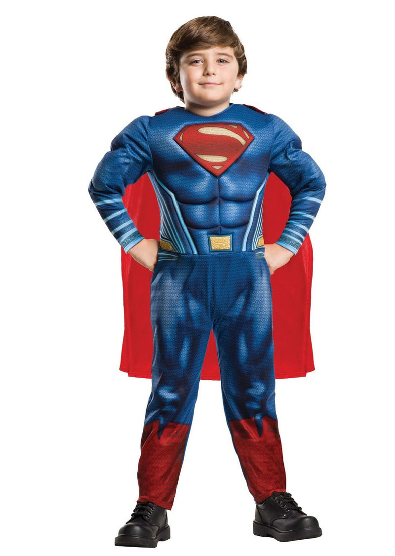 Kids blue muscle superhero costume with red cape and emblem shield on chest