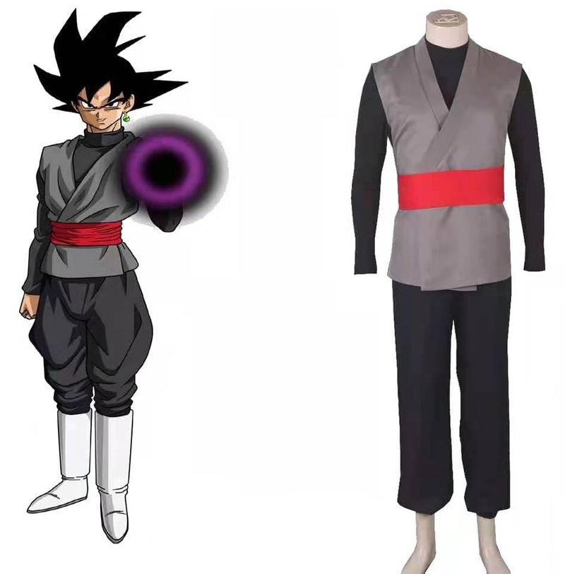 Adult grey and black anime villain gi costume with red belt, front view