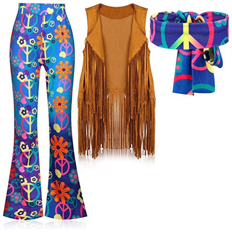 Women's 60s hippie costume with psychedelic bell-bottom pants, fringed tan vest and peace sign headband