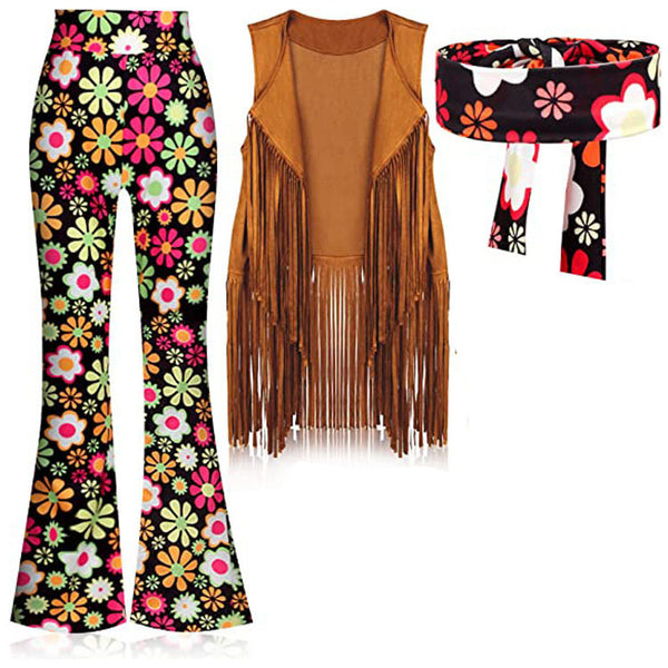 Women's hippie costume with tan fringed vest, floral bell-bottoms, and matching headband on white background