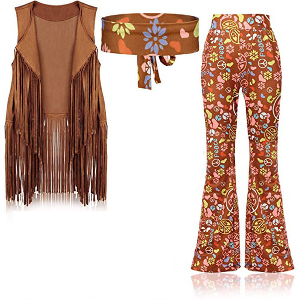 Women's 70s disco hippie costume with camel suede fringe vest and psychedelic bell-bottom pants