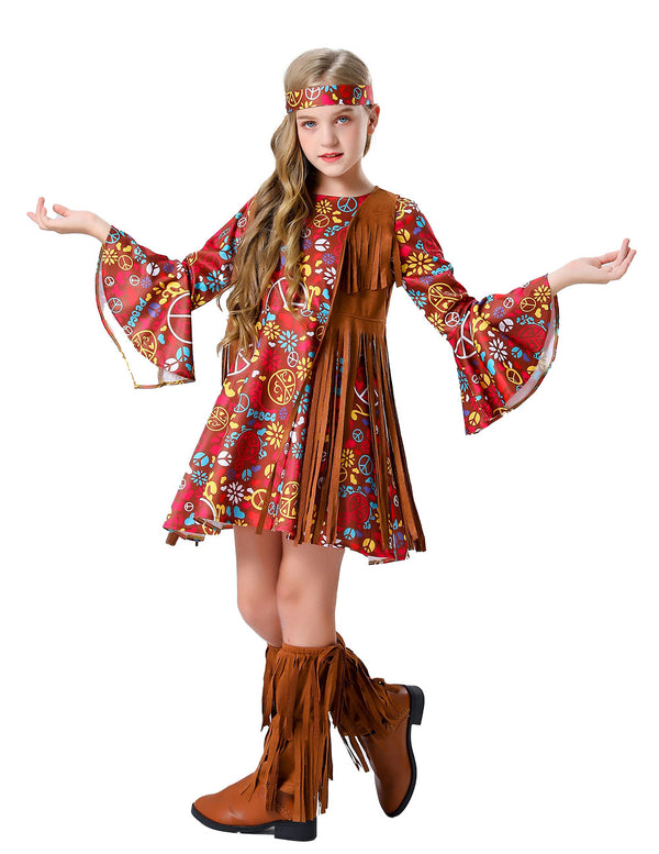 Girls hippie costume with red peace-sign dress, brown fringe vest and leg warmers