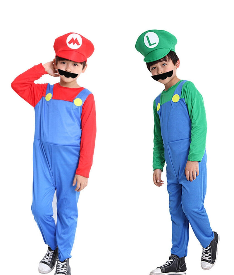 Two children wearing Kids Super Mario Luigi Brothers costumes, one in red with a white hat and moustache, and the other in green with a white hat and moustache.