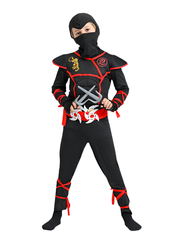 Boy wearing full black ninja warrior costume with red trim and hood