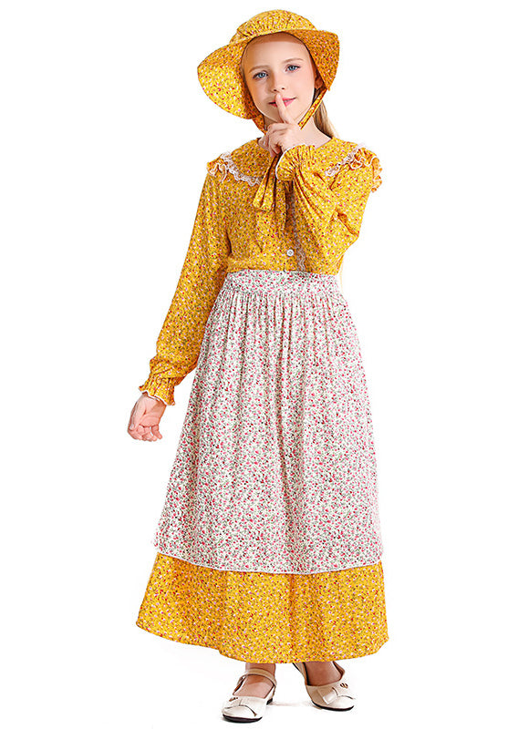 Girls yellow calico prairie dress costume with white lace collar and bonnet