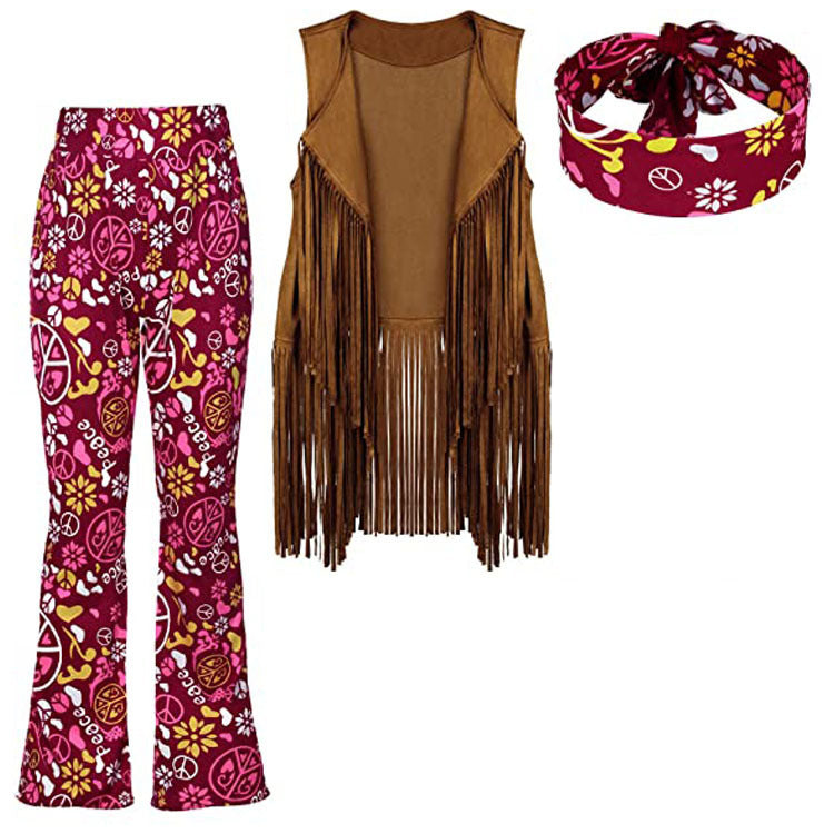 Women's 70s hippie costume with burgundy bell bottoms, tan fringed vest, and psychedelic print headband