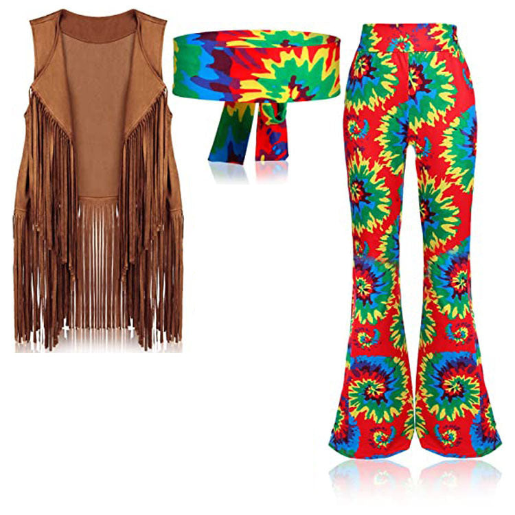 Women's 70s hippie costume with brown fringe vest and tie-dye bell-bottom pants