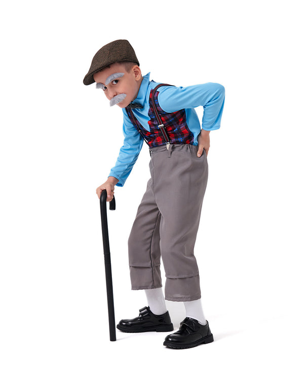 Kids 100 days of school grandpa costume with blue shirt, gray pants, suspenders and flat cap