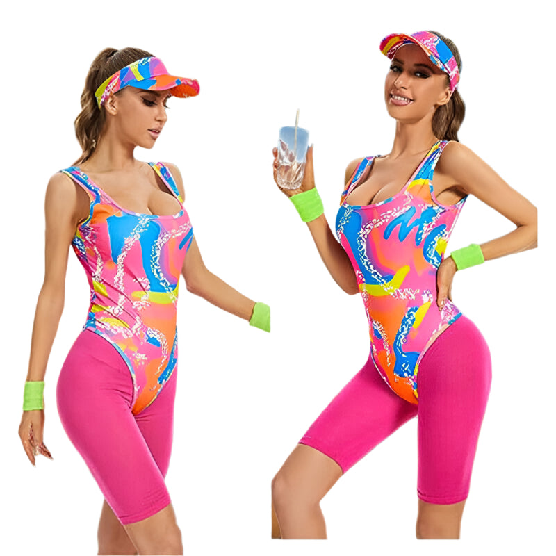 Girls 80s aerobics costume with neon pink shorts and multicolor splatter-print bodysuit