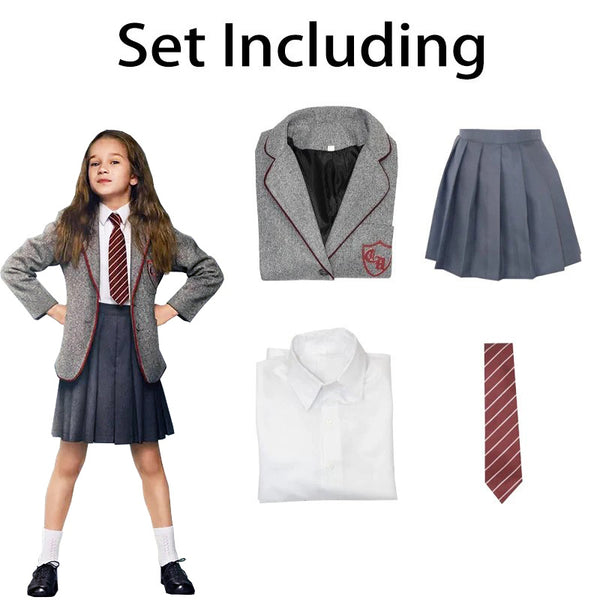 Kids grey school blazer costume with embroidered crest and burgundy trim