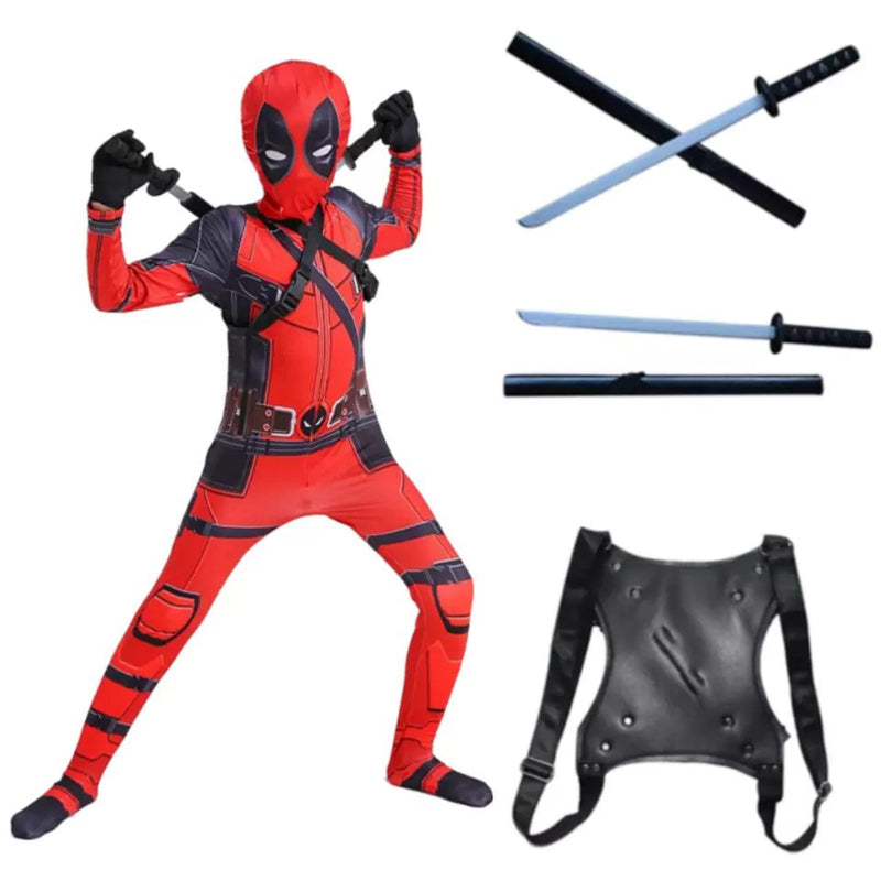 Kids red and black mercenary hero costume full body jumpsuit with mask and crossed swords