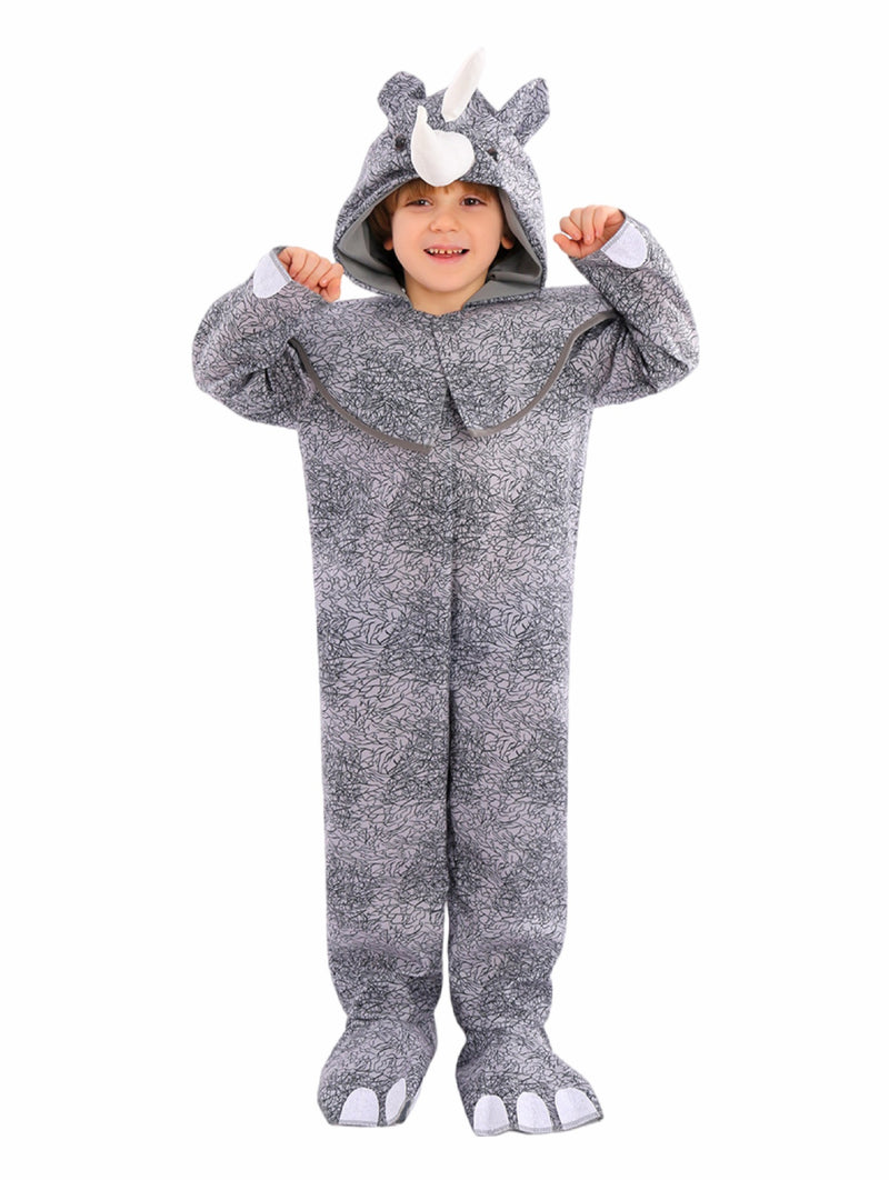 Kids grey rhino costume jumpsuit with white horn and hooded headpiece